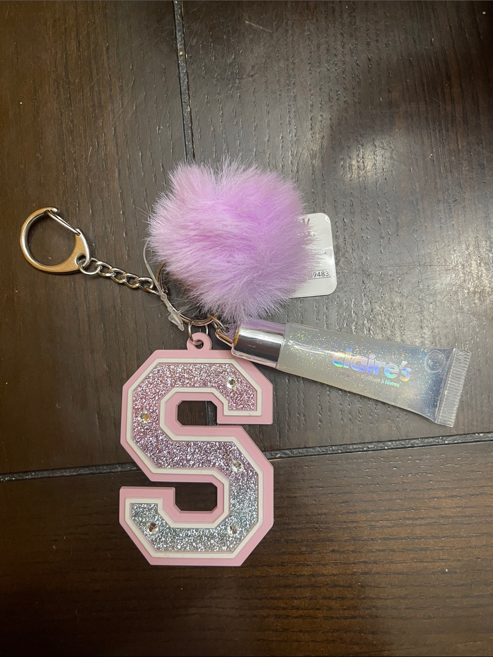 Claire's Pink Glitter 'S' Pom-Pom Keychain with Lip Gloss